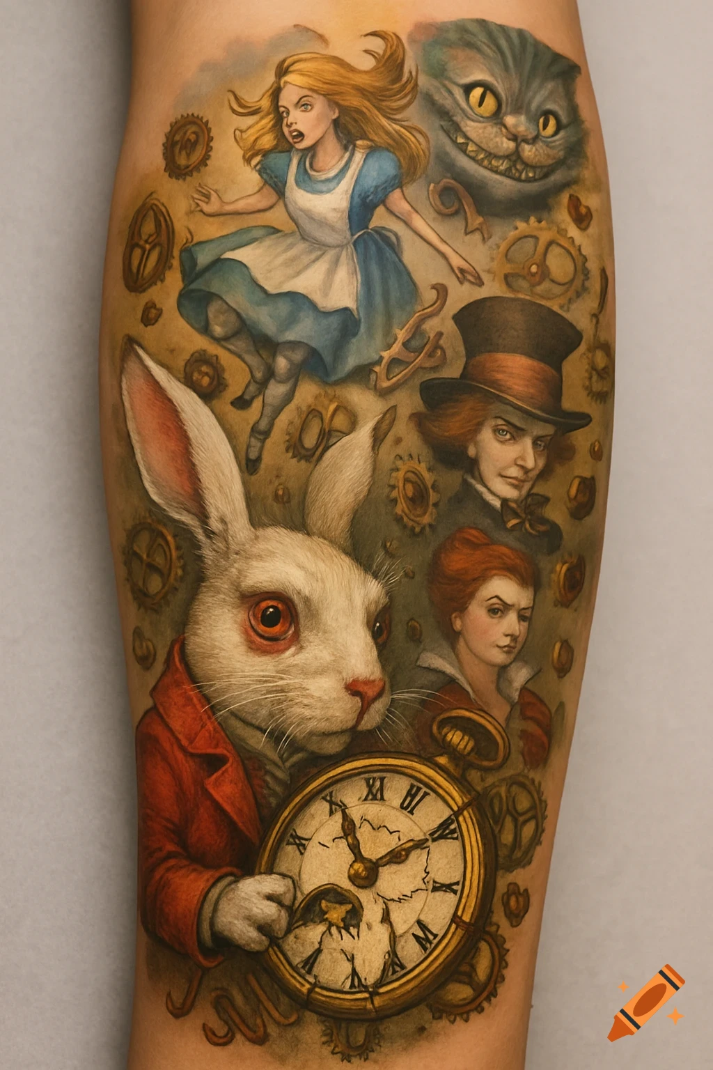 Realistic tattoo of Alice in Wonderland characters including the White Rabbit, Cheshire Cat, and Mad Hatter, with gears and a broken watch on an arm.