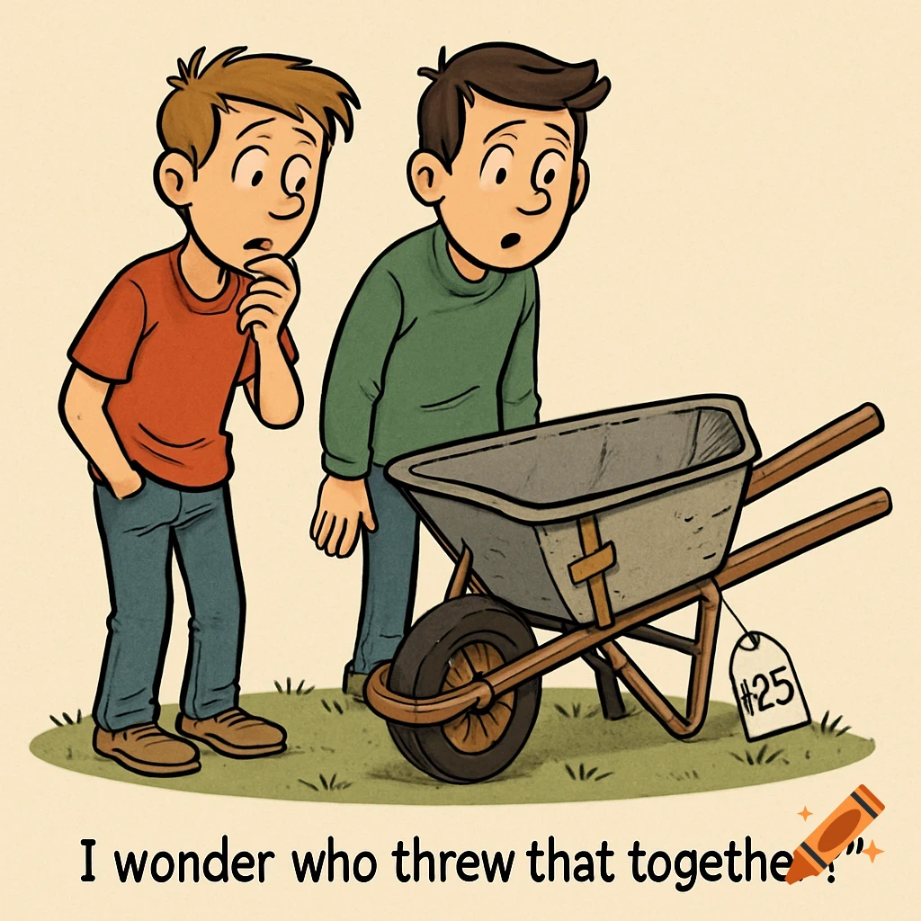 Cartoon of two boys looking curiously at a rickety wheelbarrow with a price tag.