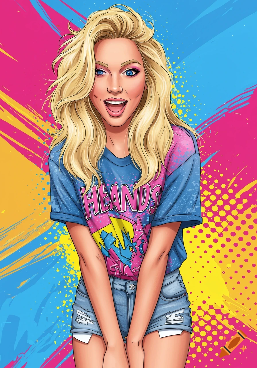 Illustration of a smiling blonde woman in ripped shorts and a graphic tee against a vibrant pop art background.