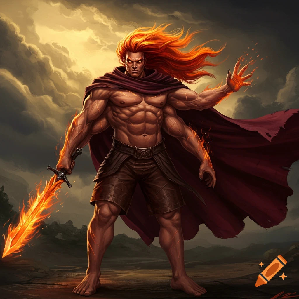 A four-armed man with flaming red hair and a sword stands against a stormy sky.