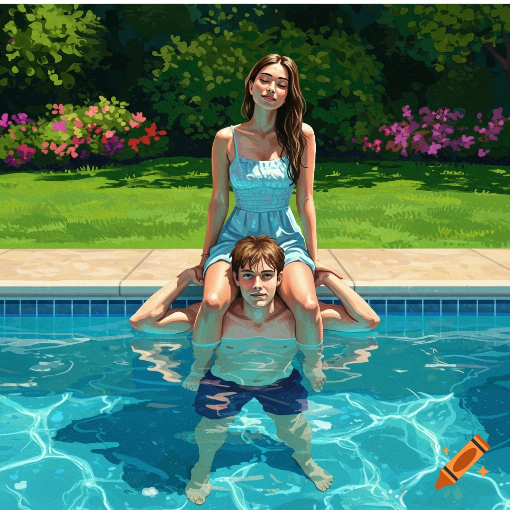 A woman sitting on a man's shoulders in a swimming pool, painterly style.