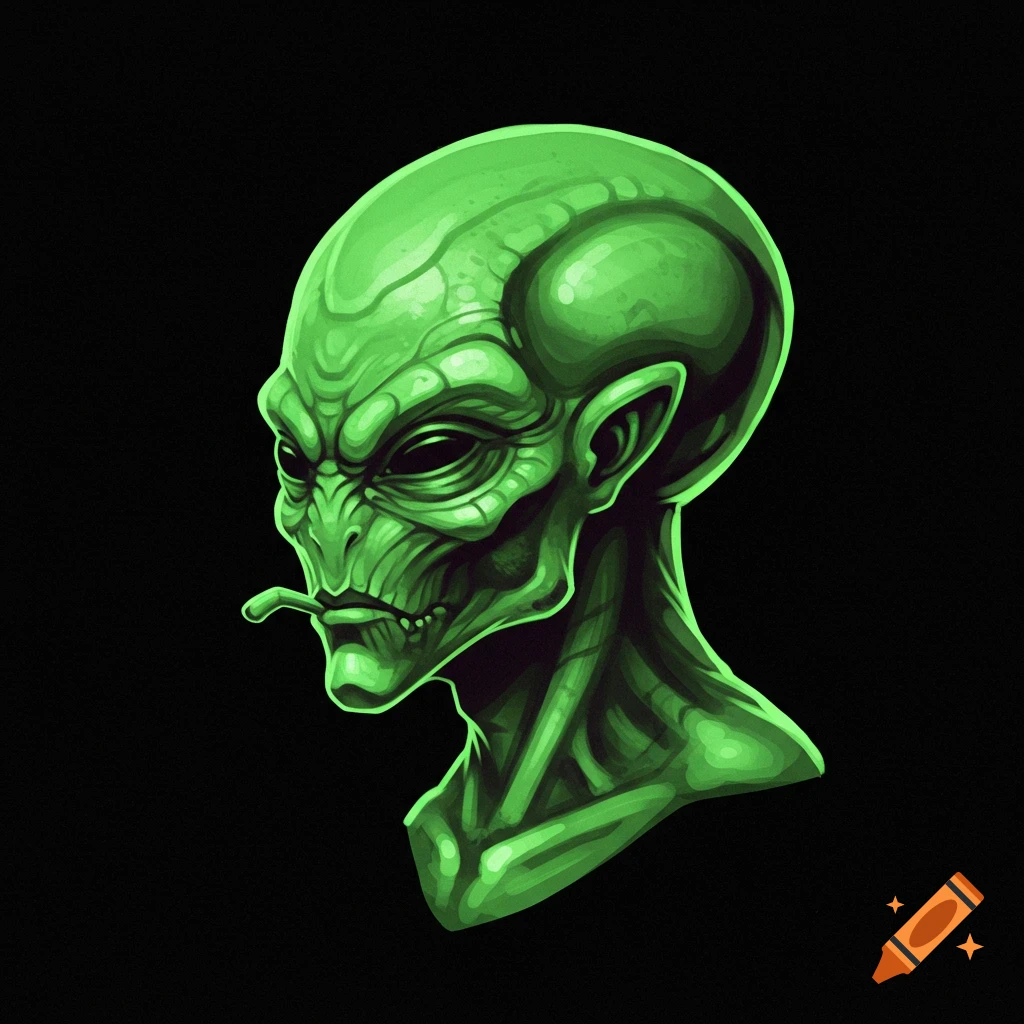 Neon green alien head illustration in profile on black background.