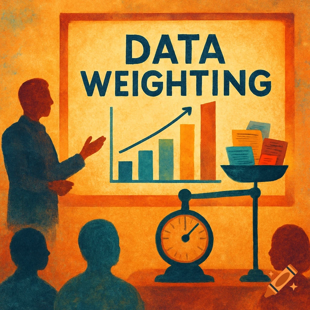 Stylized illustration of a person giving a presentation on Data Weighting, showing a chart and a scale.