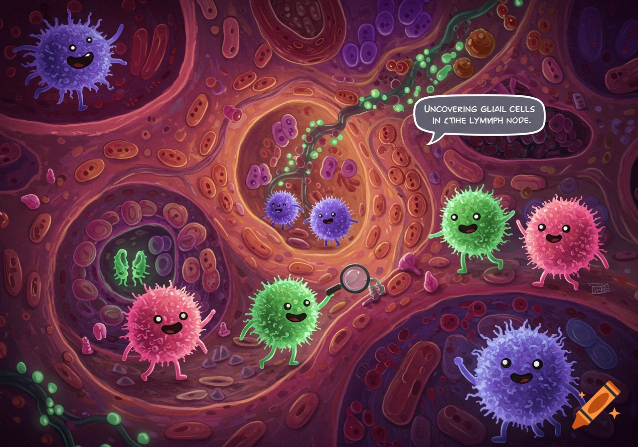 Cartoon illustration of colorful spiky cells inside blood vessels or tissue, with one holding a magnifying glass and another in a speech bubble.