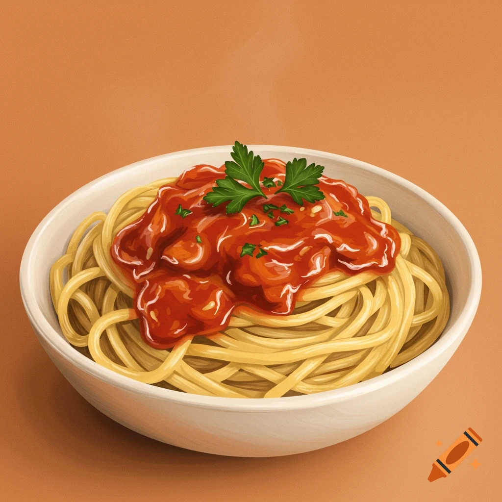 An illustration of a bowl of spaghetti with tomato sauce and parsley.