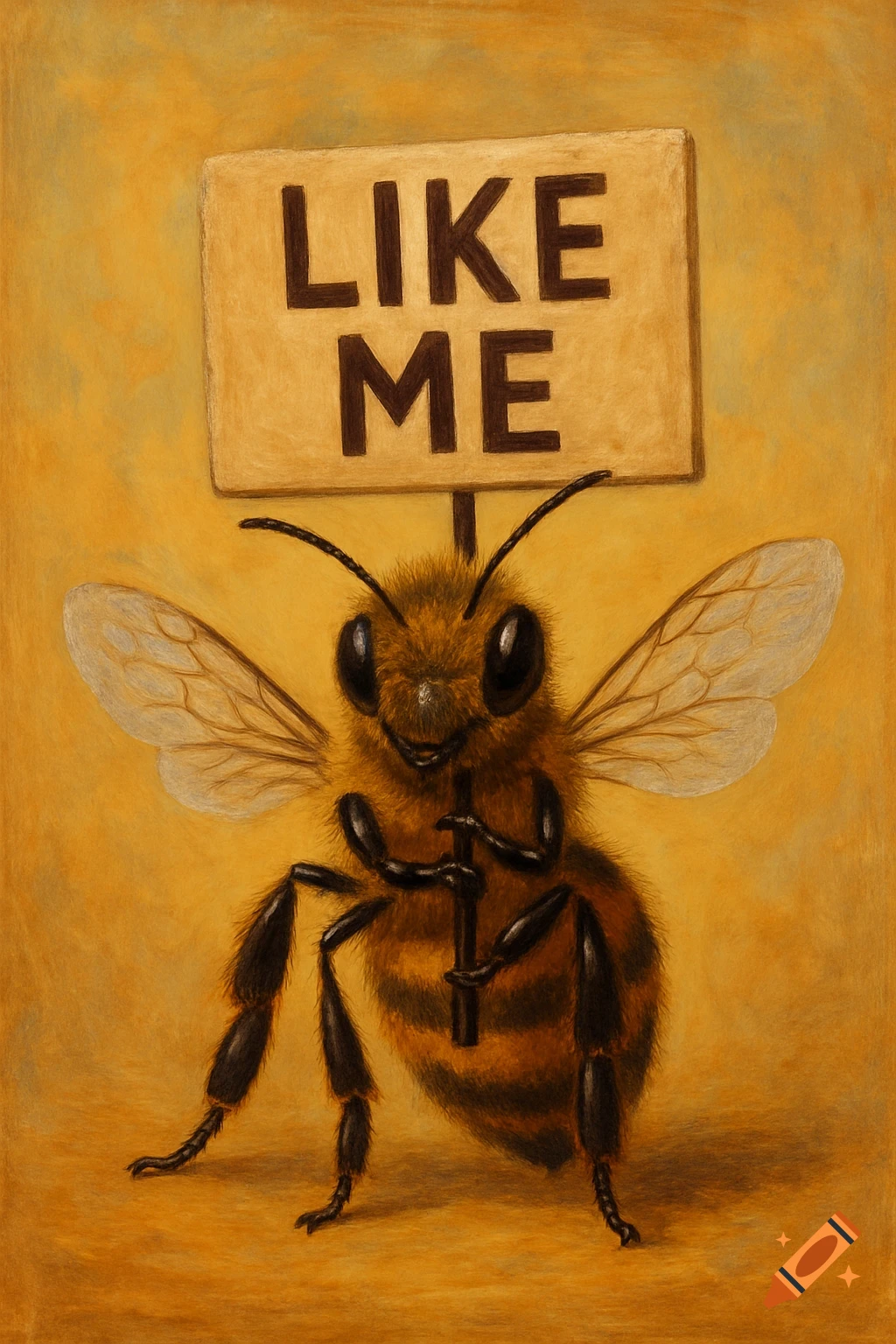 An illustration of a cute honeybee holding a sign that says "LIKE ME".