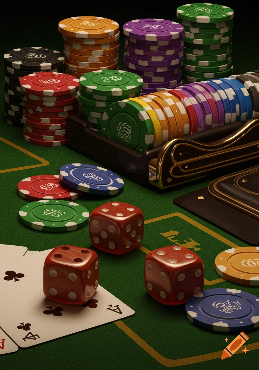 Close-up of stacked poker chips, red dice, and playing cards on a green felt table.