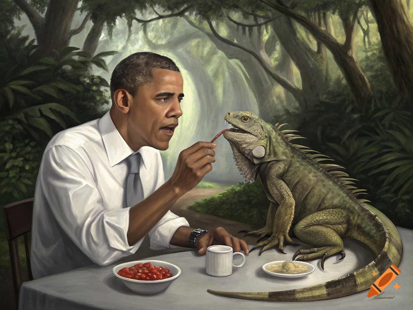 Realistic painting of Barack Obama feeding a giant iguana at a table in a jungle.