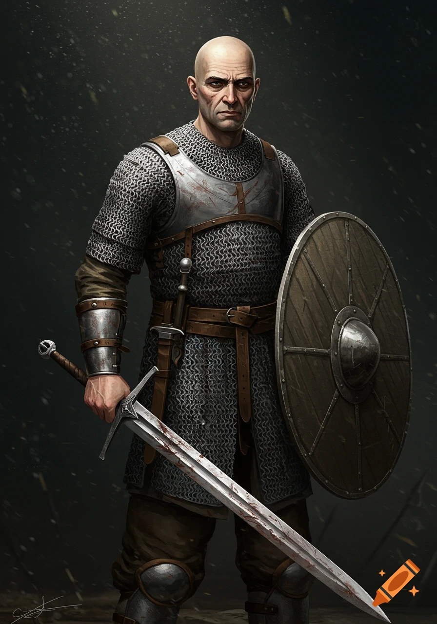 Bald man in chainmail armor holding a sword and shield, digital ...