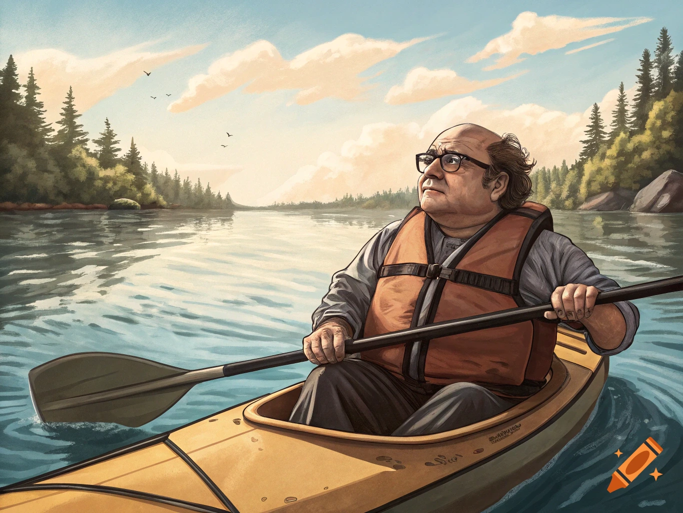 Danny Devito wearing a life vest, kayaking on a lake