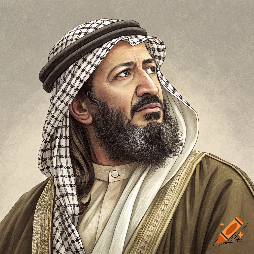 Illustration of a man with a beard in traditional Middle Eastern headwear and clothing.
