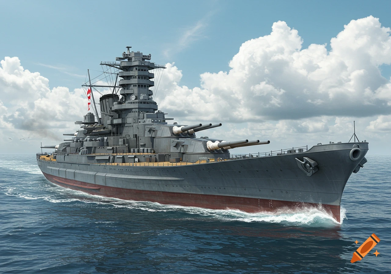 Large battleship sailing on the sea under a cloudy sky, photorealistic style.