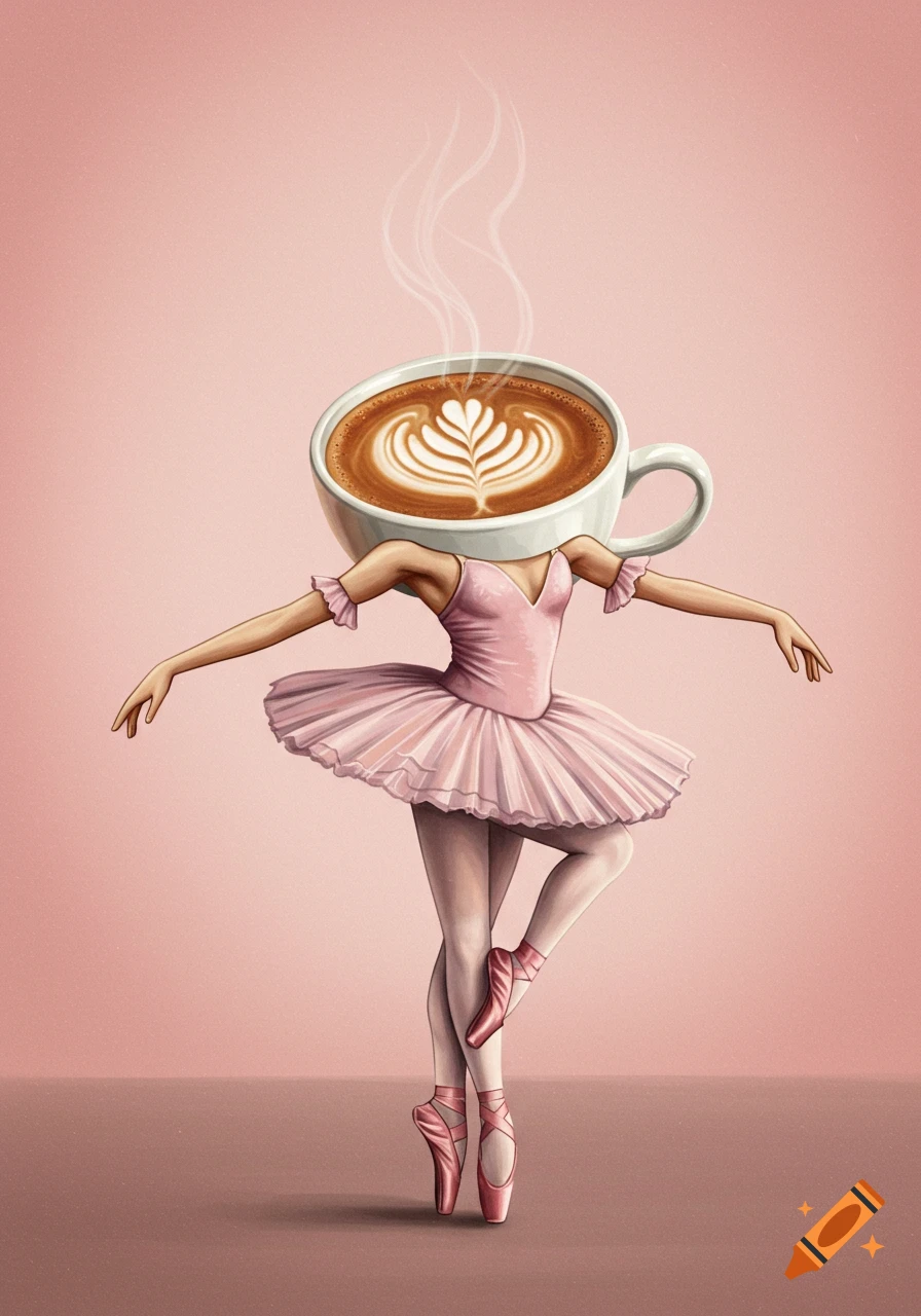 Illustration of a ballerina with a coffee cup head, dancing in a pink tutu.