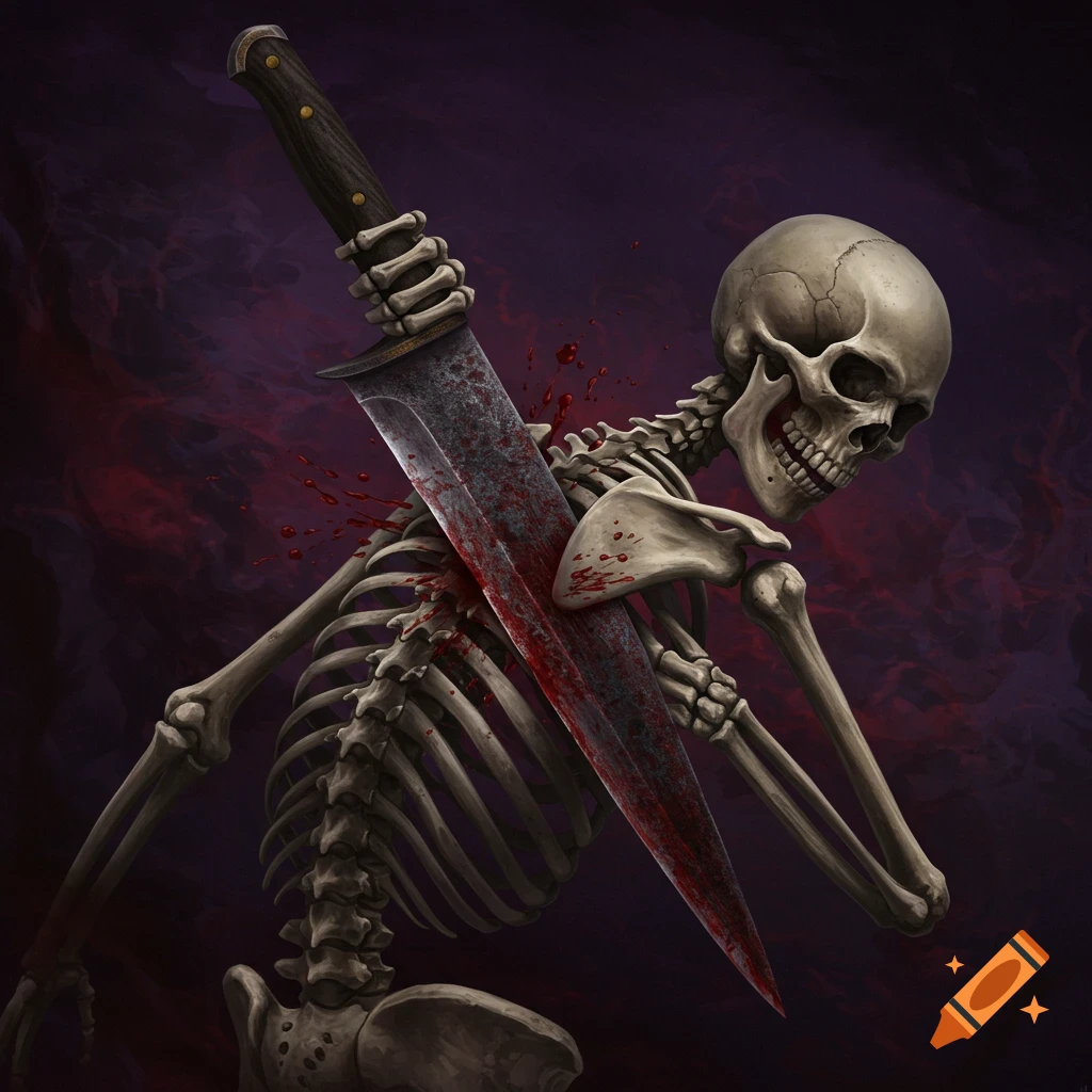 Stylized illustration of a skeleton with a bloody knife impaled in its back.