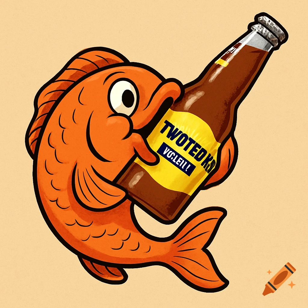 A cartoon orange fish holds a brown bottle.