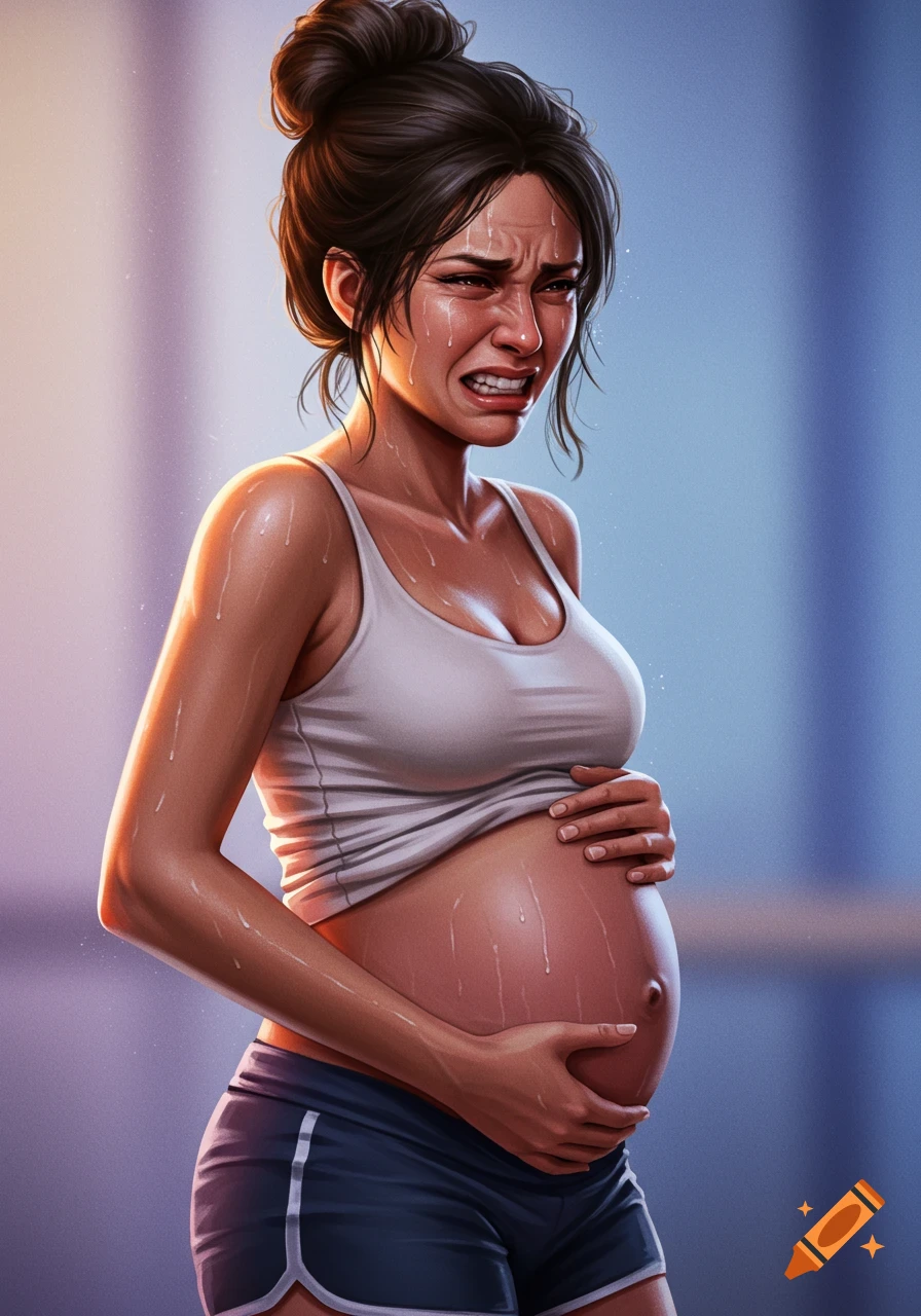 Digital painting of a pregnant woman sweating and crying while holding her belly.
