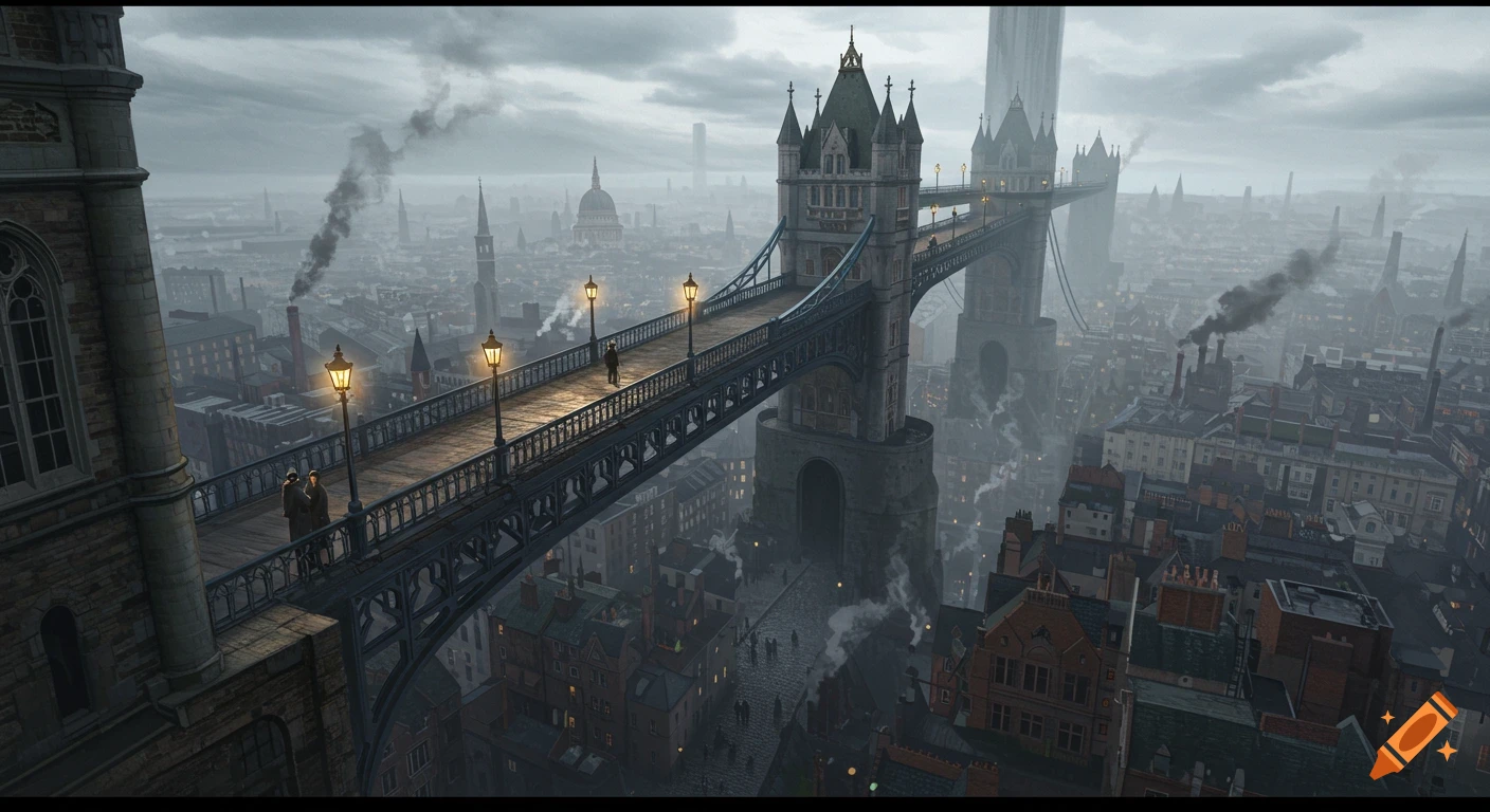 Steampunk bridge high above a misty Victorian London city.