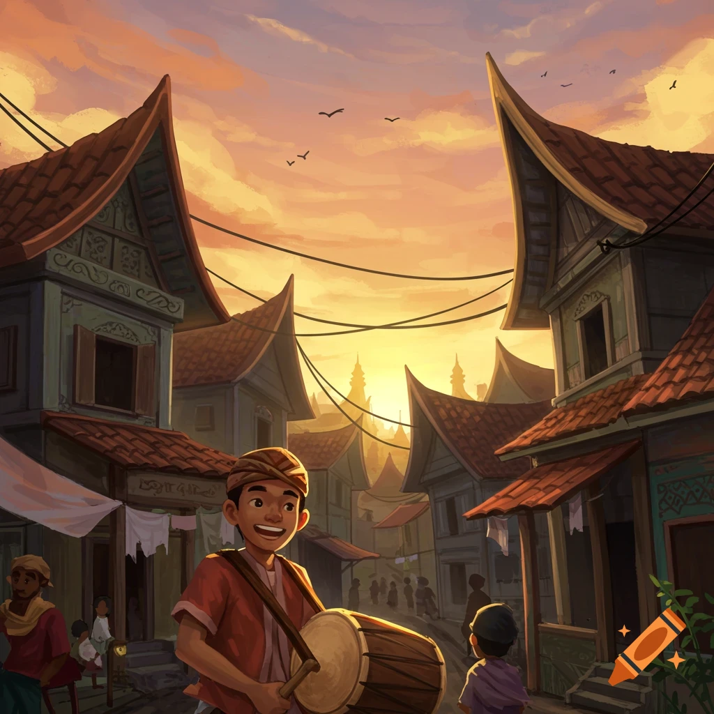 Illustration of a boy playing a drum in a village street with traditional architecture at sunset.