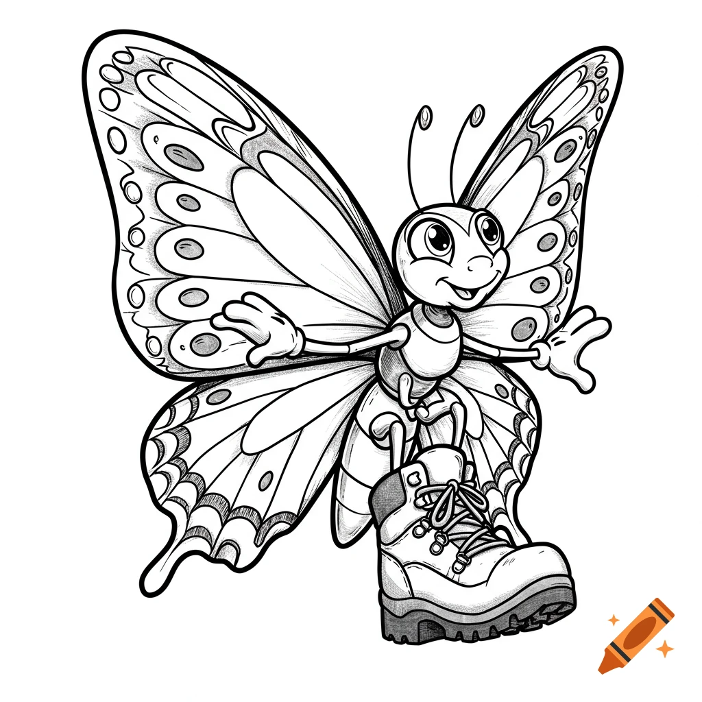 A black and white cartoon drawing of a butterfly character wearing one hiking boot.
