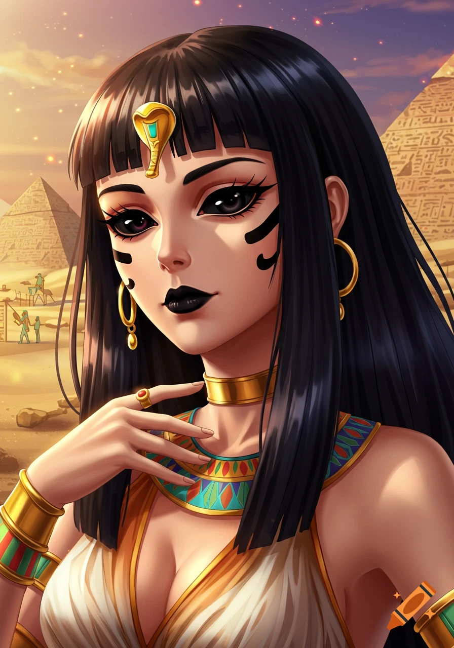 Anime portrait of an Egyptian woman with black hair and eyes in a desert with pyramids.