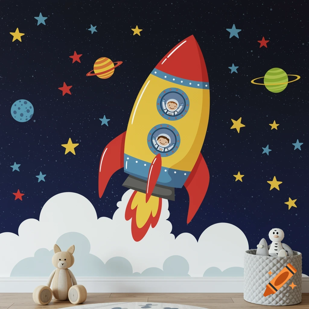 Cartoon illustration of a rocket with two astronauts flying in space, suitable for a child's room.