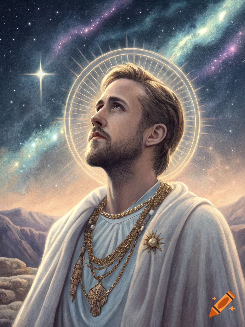 Realistic painting of a man resembling Ryan Gosling depicted as a divine figure looking at a starry sky.