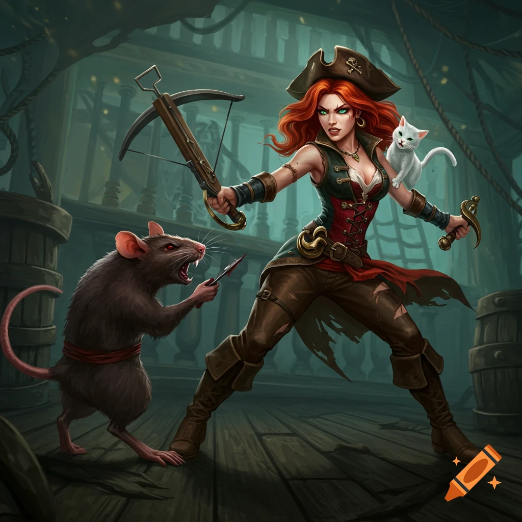 Fantasy illustration of a pirate woman with a white cat fighting a large rat on a ship deck.