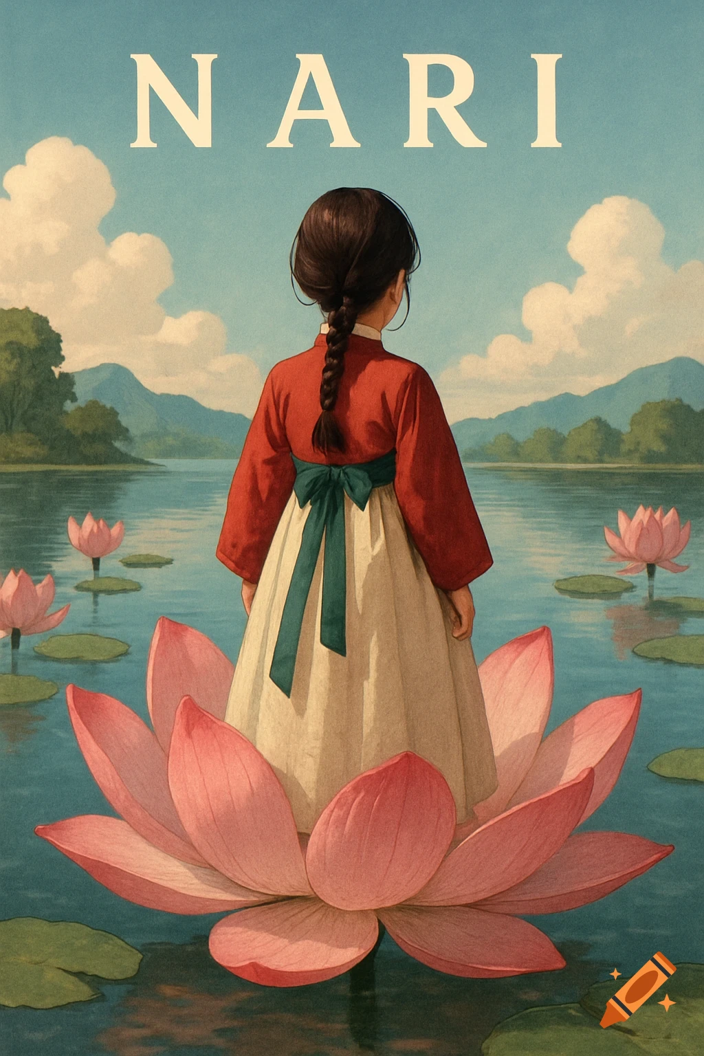 Korean girl in traditional clothing standing on a large pink lotus flower in a lake, with 'NARI' text above.