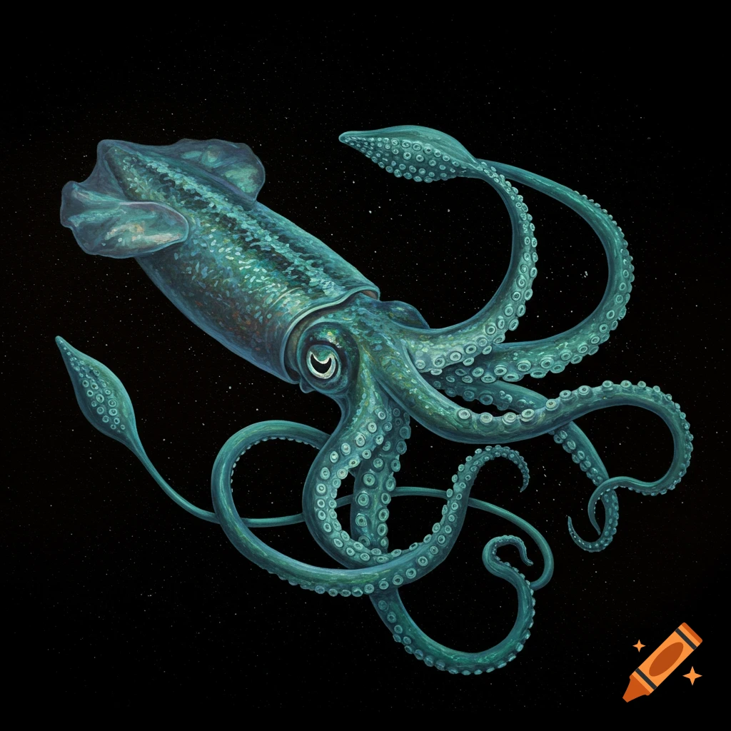 Oil painting of a blue-green squid with tentacles extended in a black void with stars.