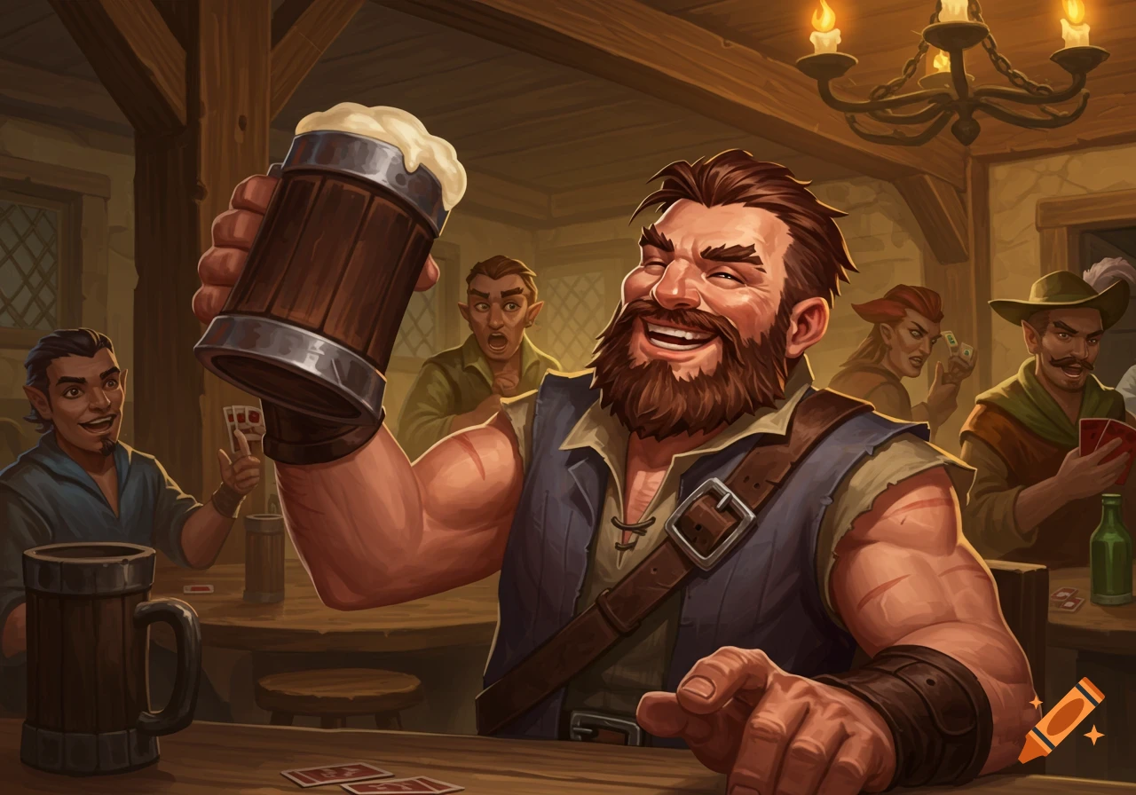 Fantasy illustration of a bearded man laughing and raising a mug of beer in a crowded tavern where others play cards.