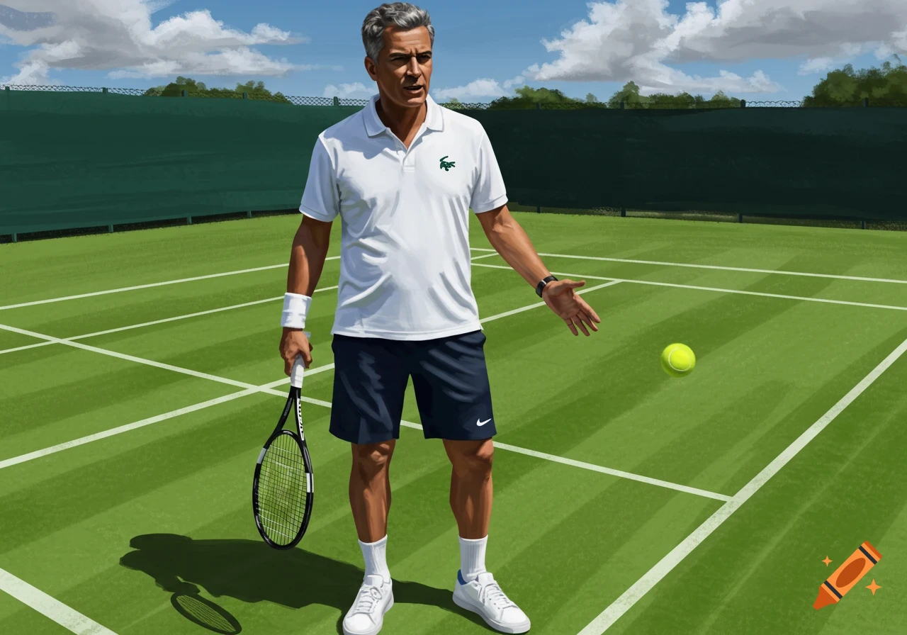 A man on a tennis court holding a racket, with a tennis ball in the air, in a painted style.