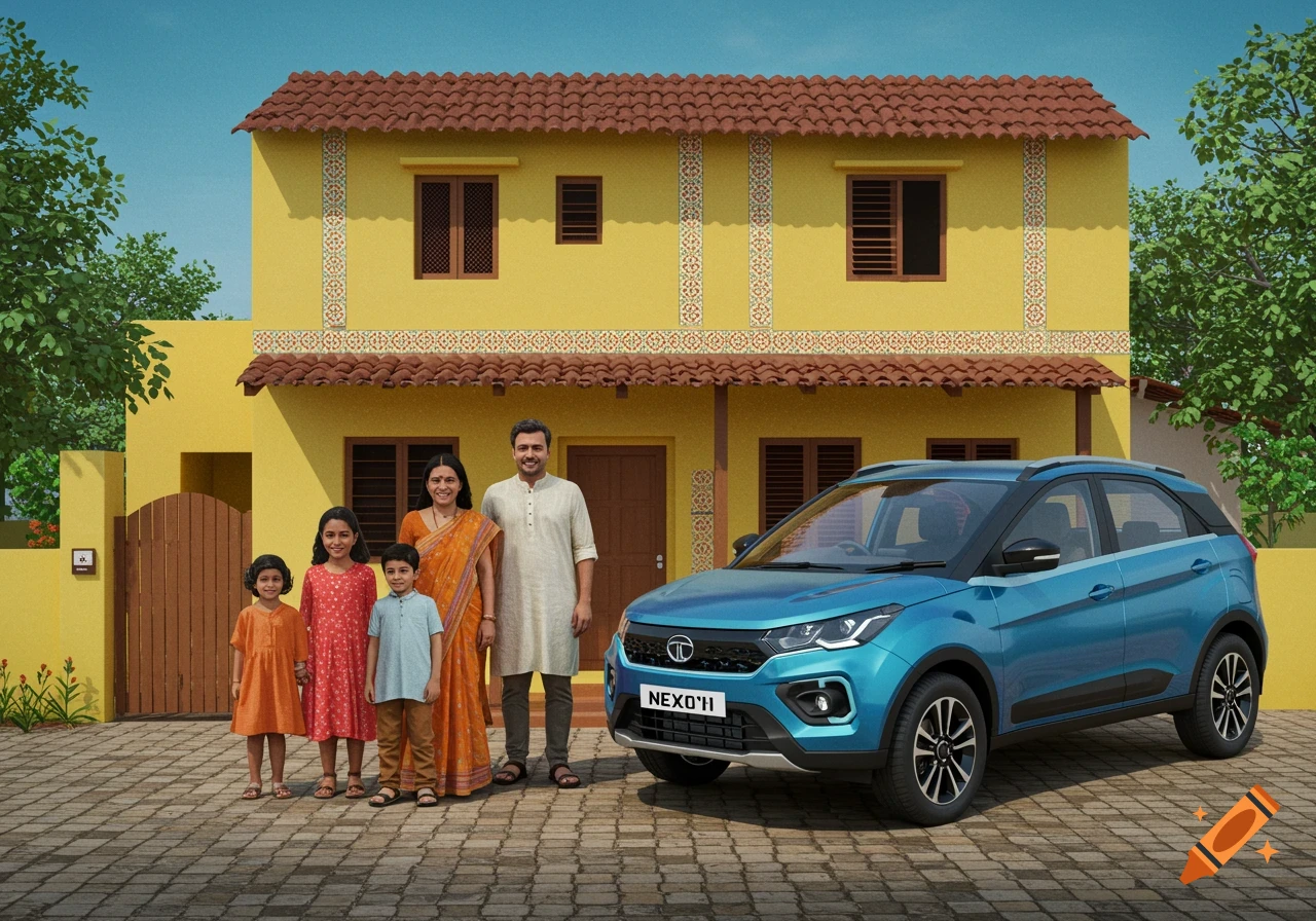 A South Indian family stands outside their yellow house with a blue SUV parked in front.