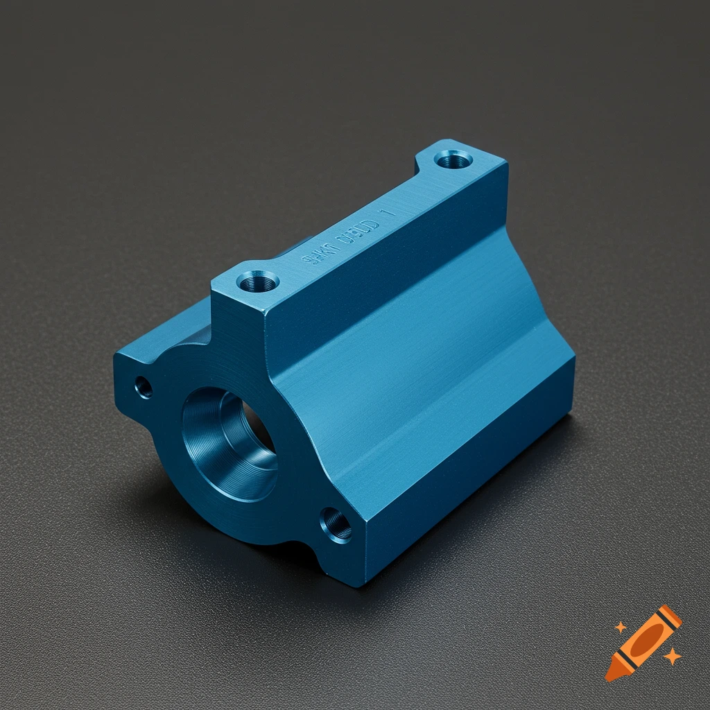 A blue anodized metal part with threaded holes and engraving on a dark surface.