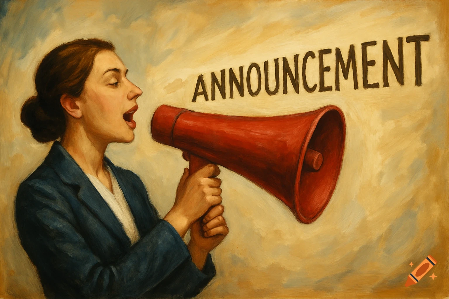 Painting of a woman speaking into a red megaphone with 'ANNOUNCEMENT' written on the wall