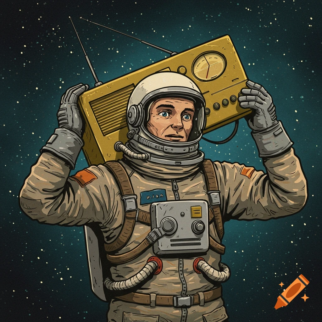 Retro illustration of an astronaut in space holding a large radio over their shoulder.