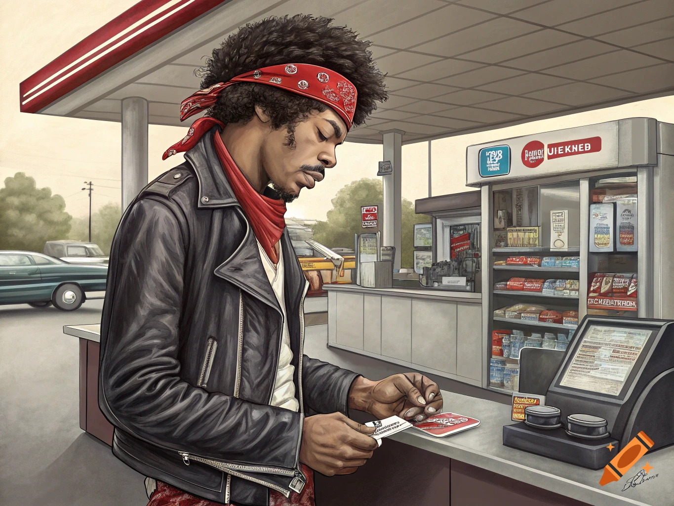 Illustration of a man resembling Jimi Hendrix at a gas station counter, holding a card.