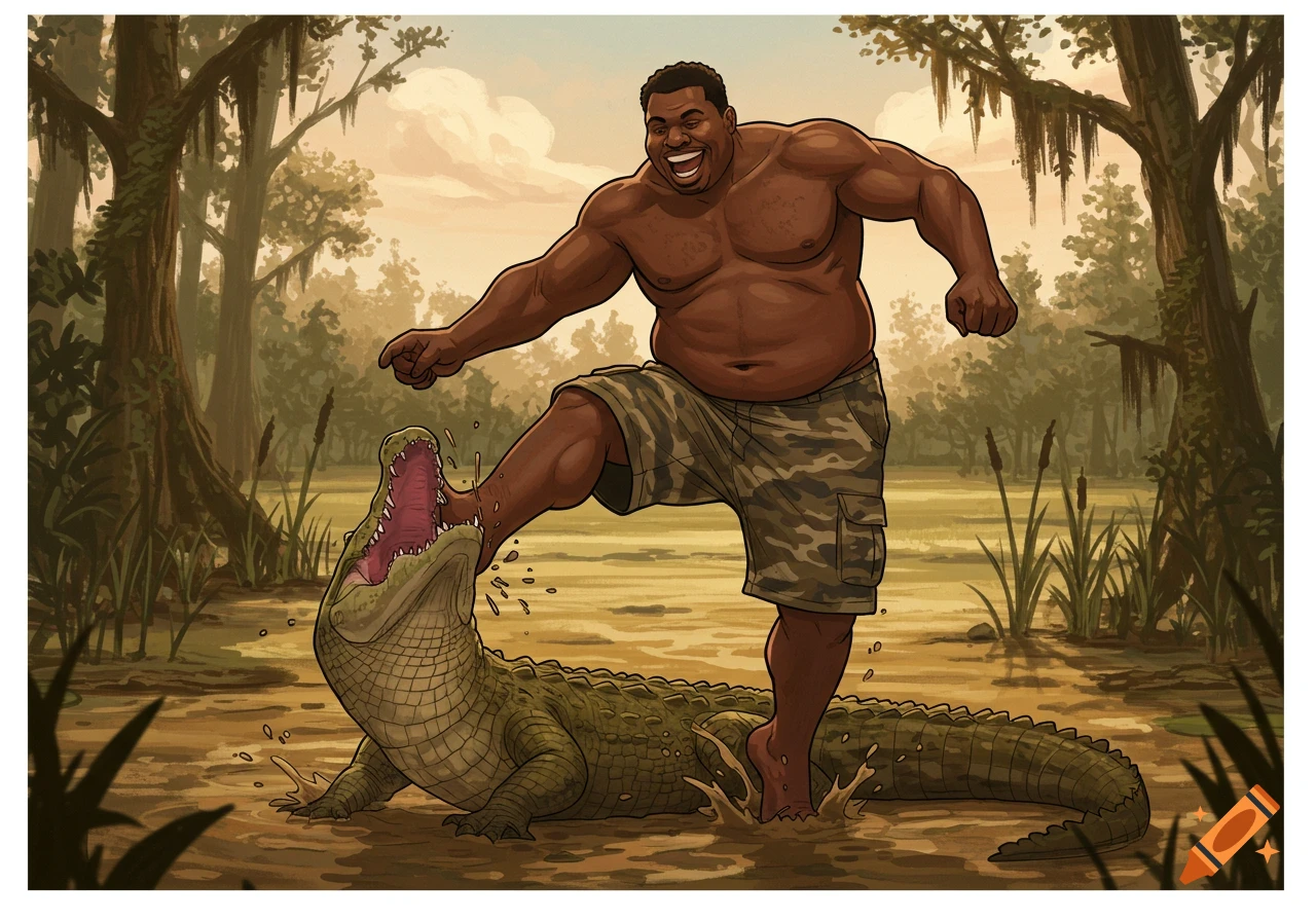 Illustration of a muscular man in camo shorts kicking an alligator in a swamp.