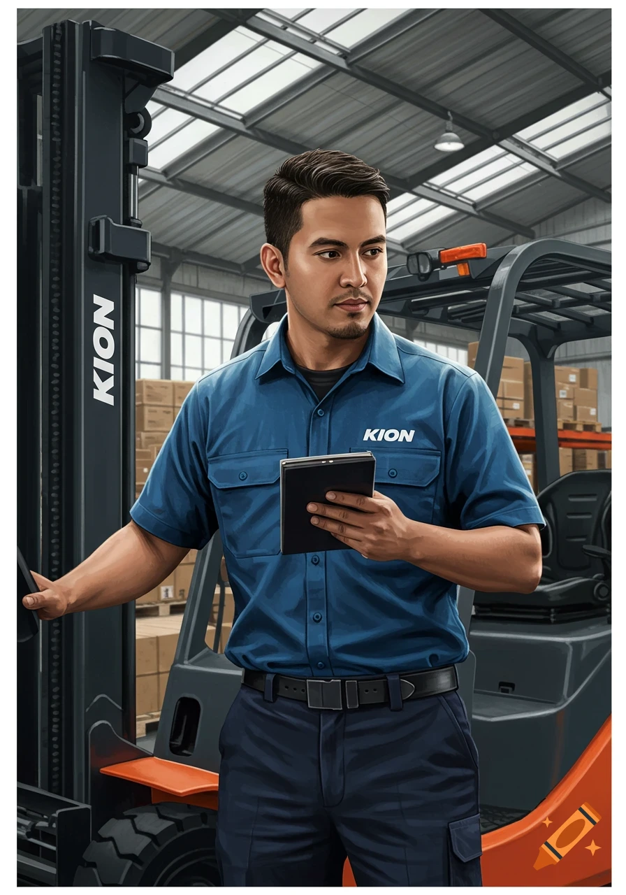 Realistic digital painting of a man in a warehouse with a forklift, holding a tablet.