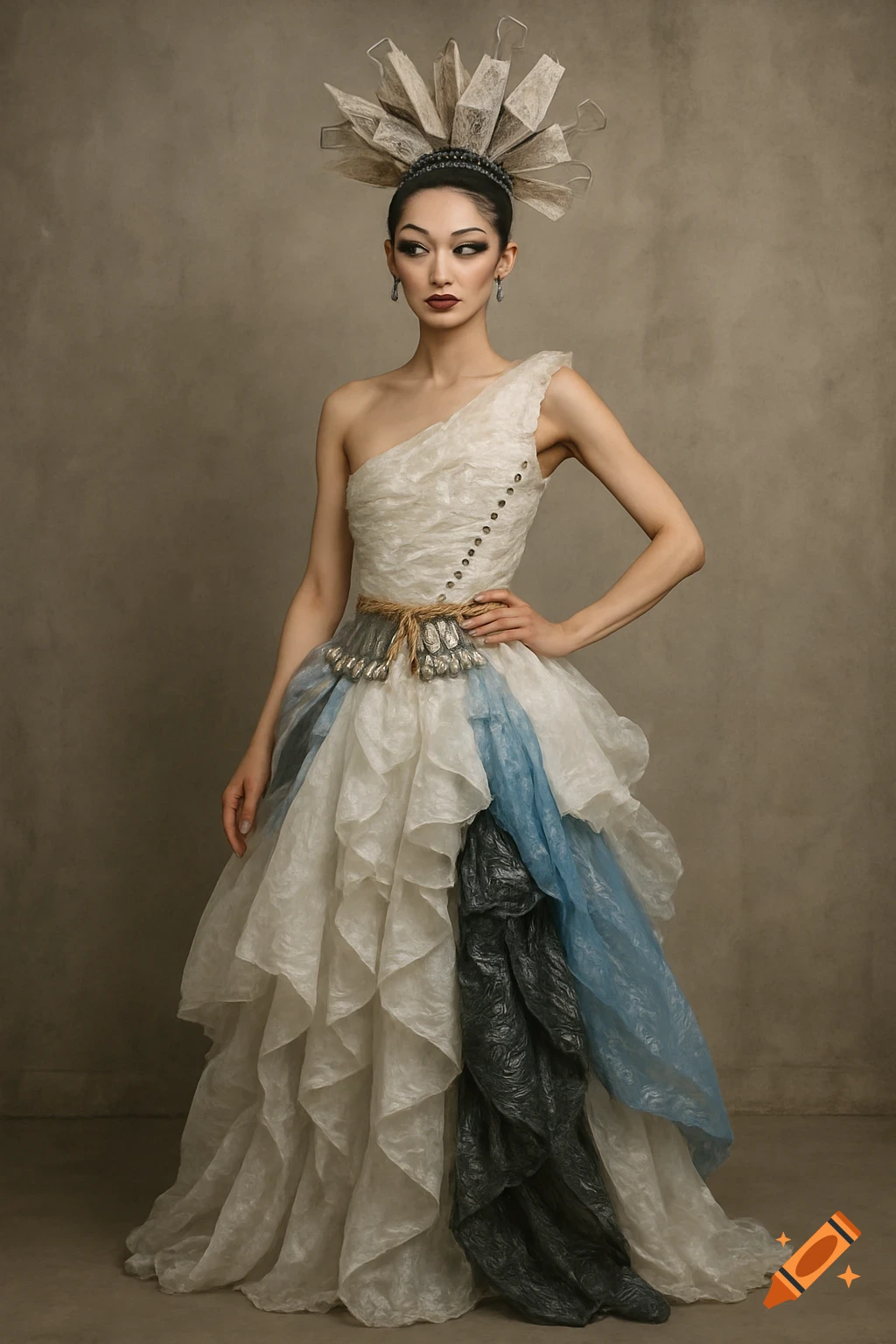 A person in an elaborate white, blue, and gray dress made from unconventional materials and a large, decorative headpiece poses against a neutral background.