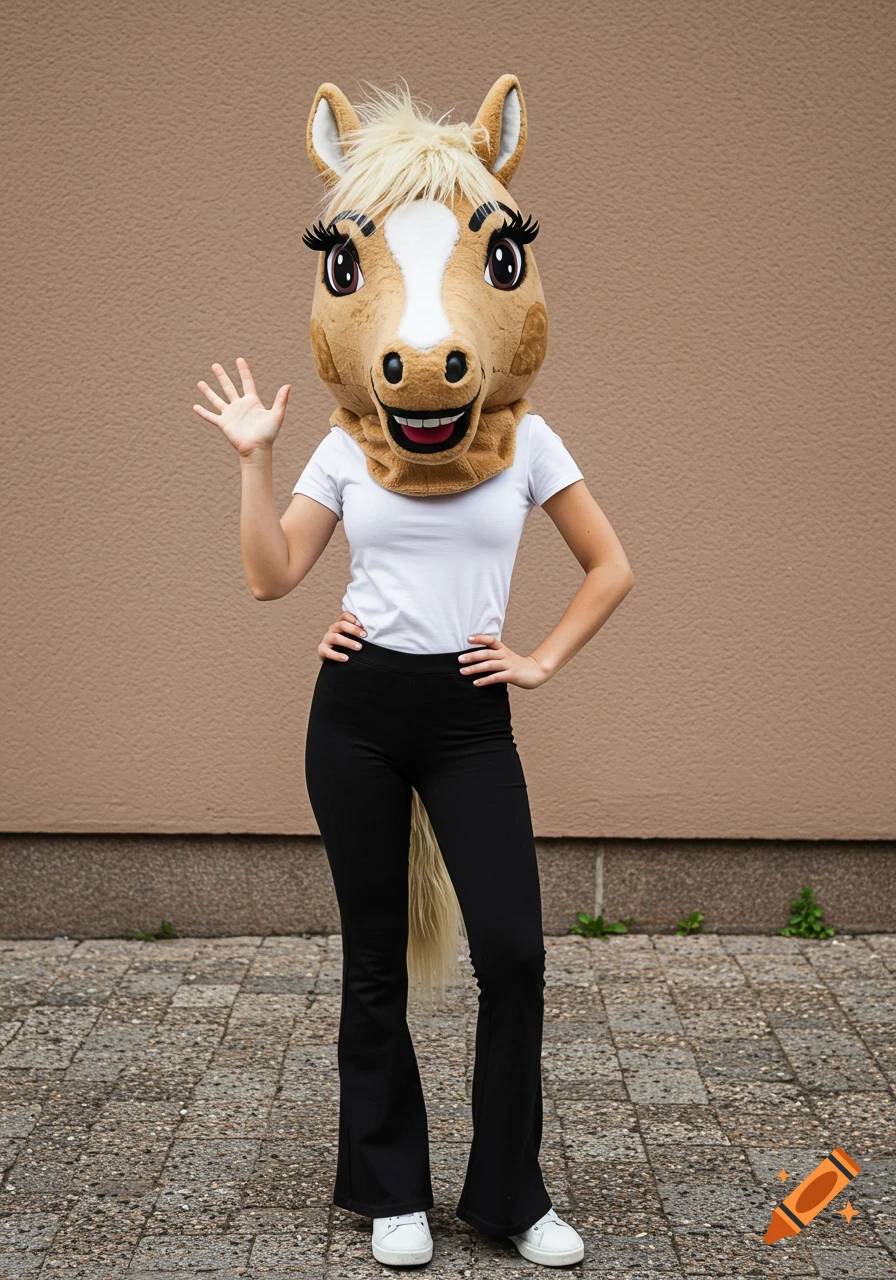 A person in a horse mascot head, white shirt, black bell bottoms waves.