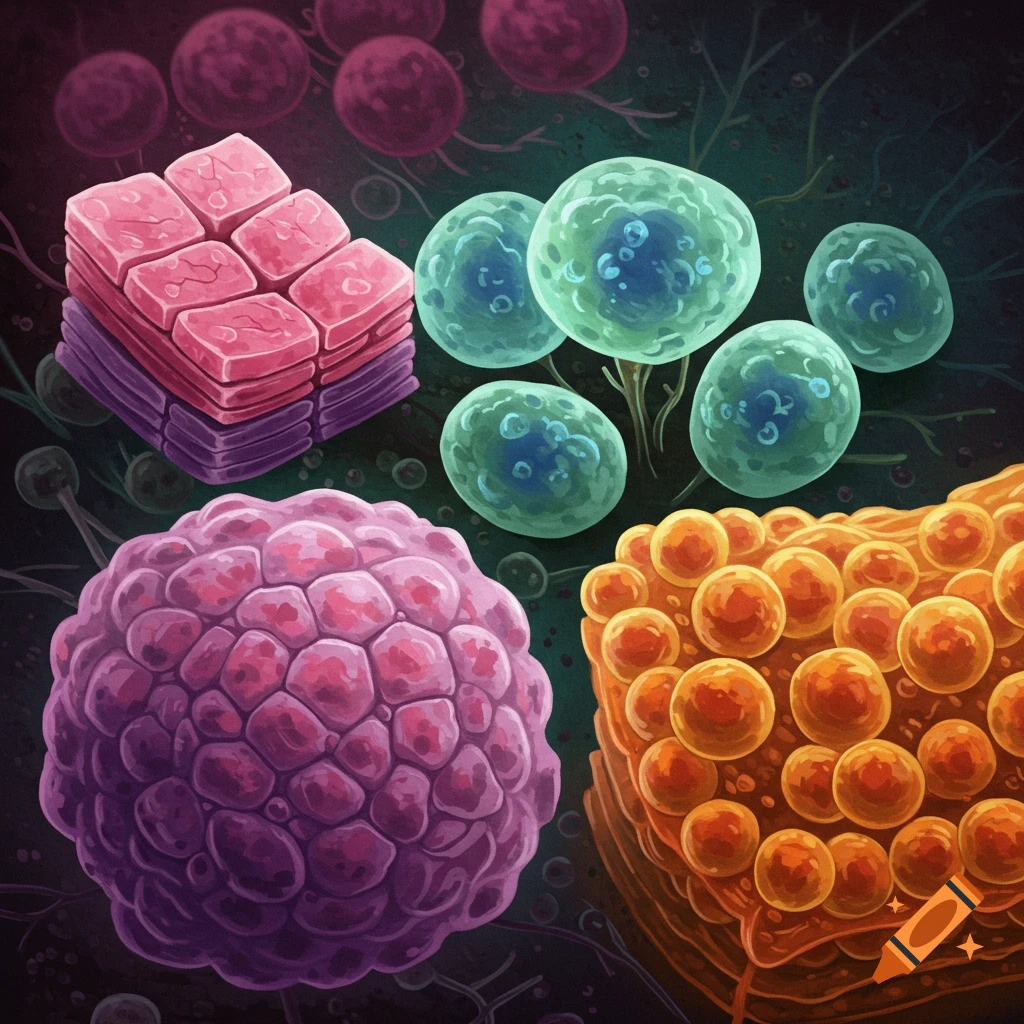 Stylized illustration of various cells: pink stacked shapes, green spheres, purple and orange bumpy structures.