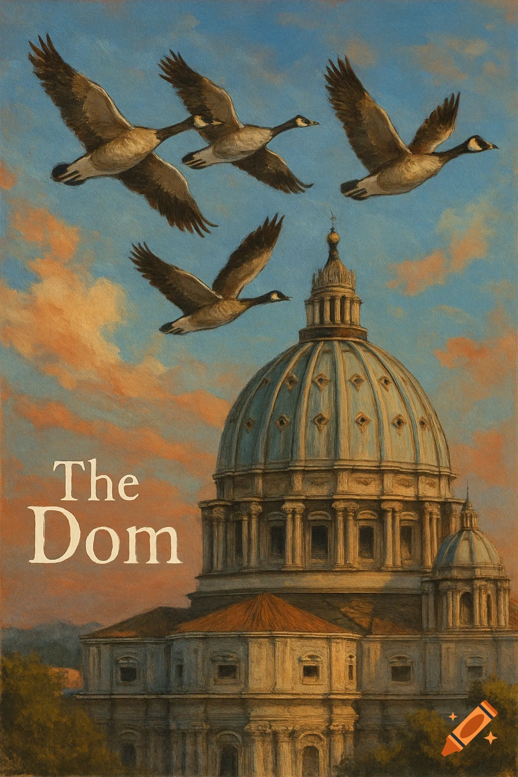 Painted scene of four Canada geese flying over a large domed building, with text 'The Dom'.