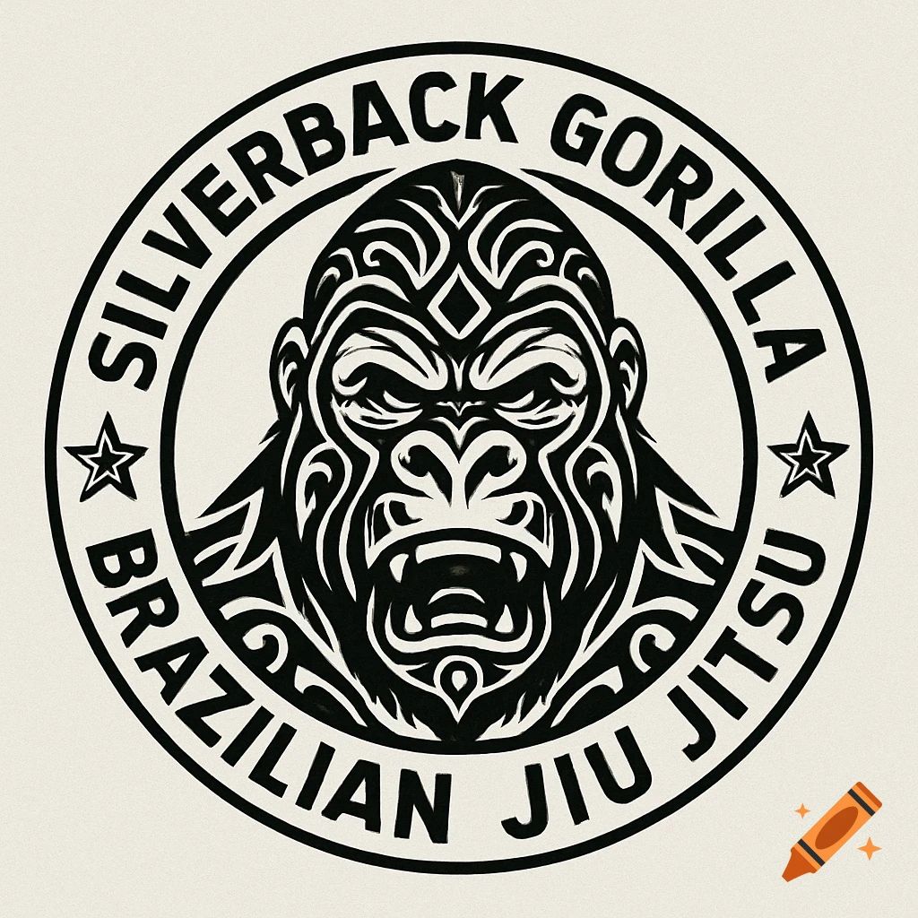 Tribal style logo of a gorilla head with 'SILVERBACK GORILLA BRAZILIAN JIU JITSU' text.
