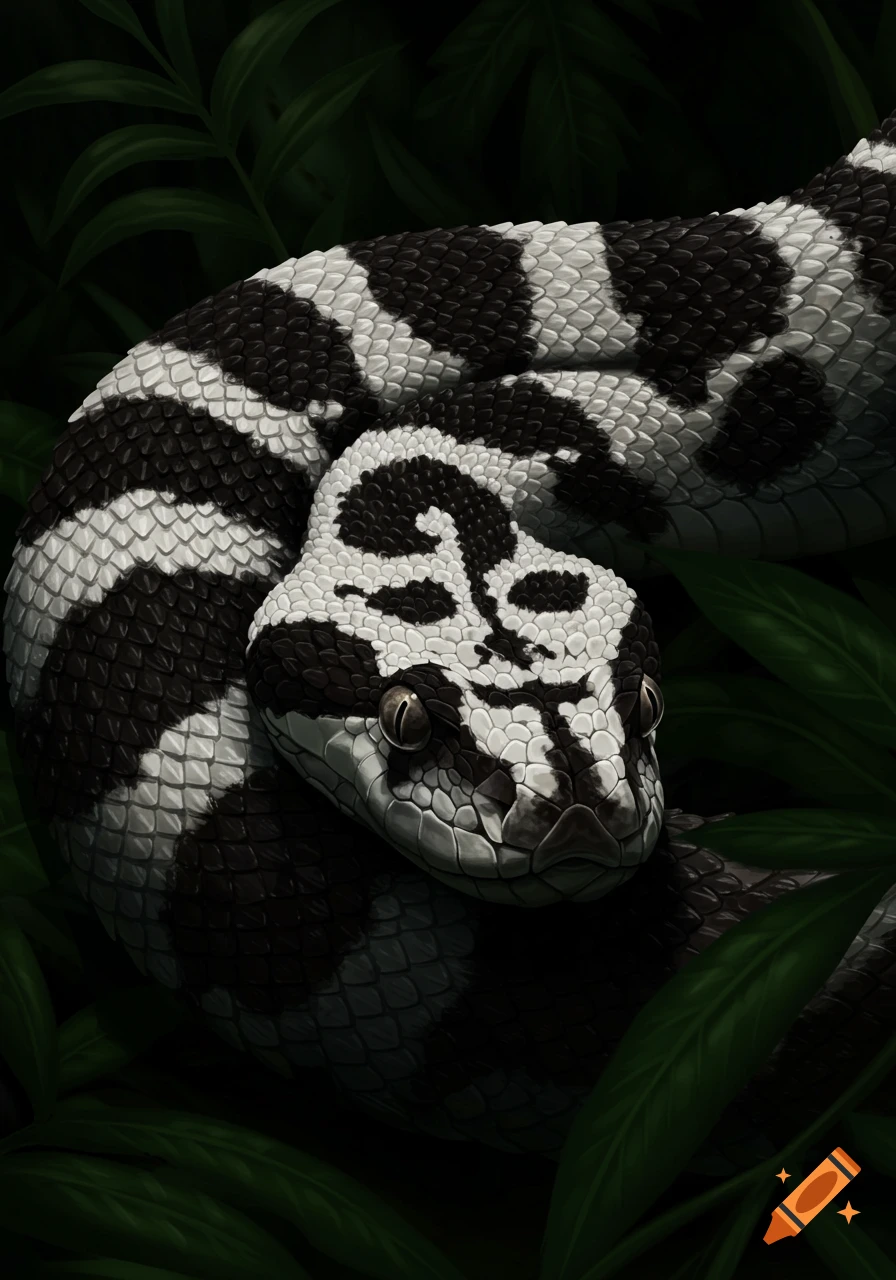 Close-up of a black and white patterned snake coiled in dark green foliage.