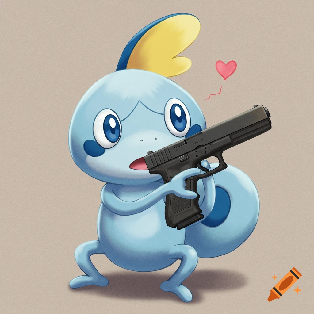 Blue Sobble from Pokemon holding a black pistol.