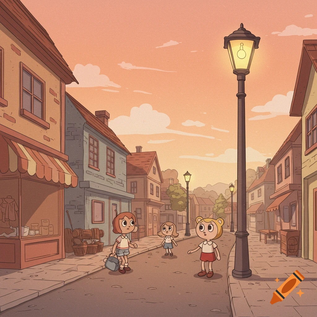 Cartoon of three girls walking down an old town street at sunset