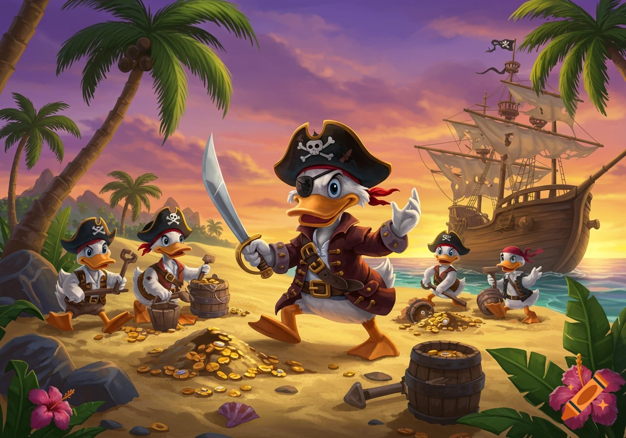 Cartoon illustration of pirate ducks digging for treasure on a beach with a ship in the background.