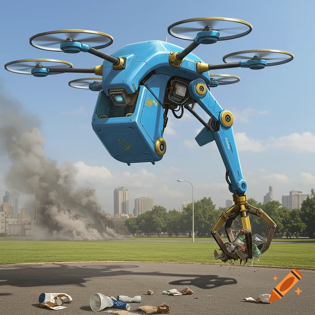 A blue drone with a robotic arm picks up trash in a park with a city skyline in the background.