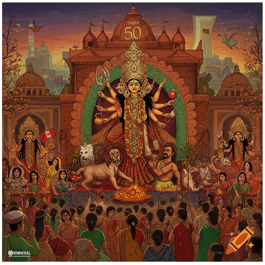 Illustration of Durga Puja festival with idol, devotees, and city skyline background, including a Canadian flag.