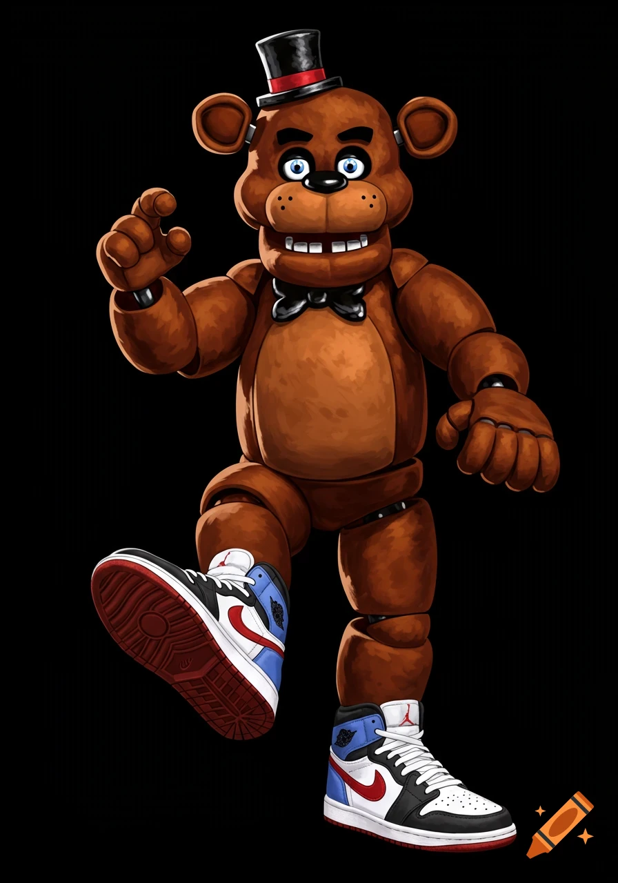 Freddy Fazbear wearing red, white, and blue Air Jordan sneakers.